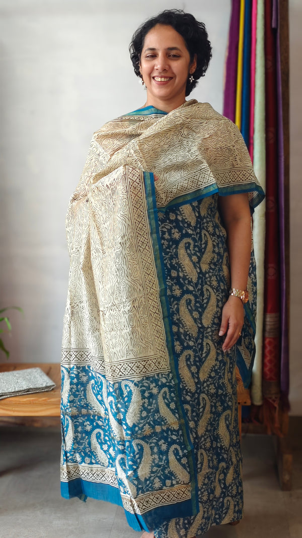 MC059 - Classic blue and cream chanderi silk suit