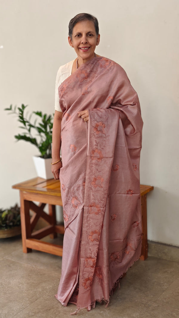 Nude pink embroidered tussar silk saree - RE398