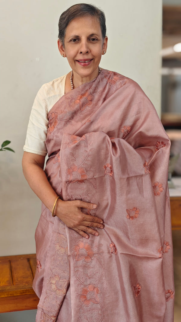 Nude pink embroidered tussar silk saree - RE398
