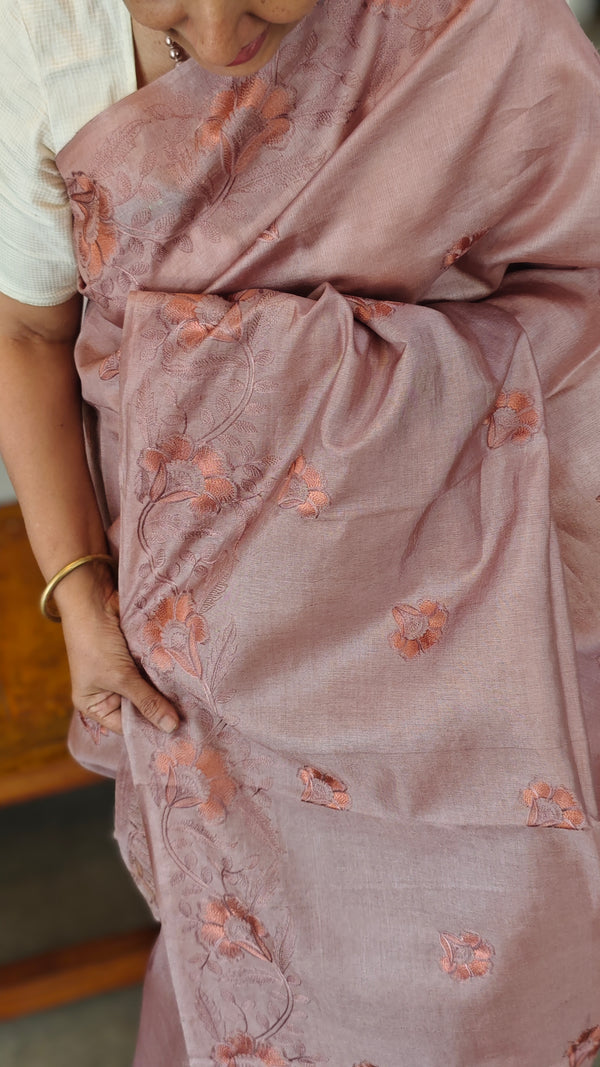 Nude pink embroidered tussar silk saree - RE398