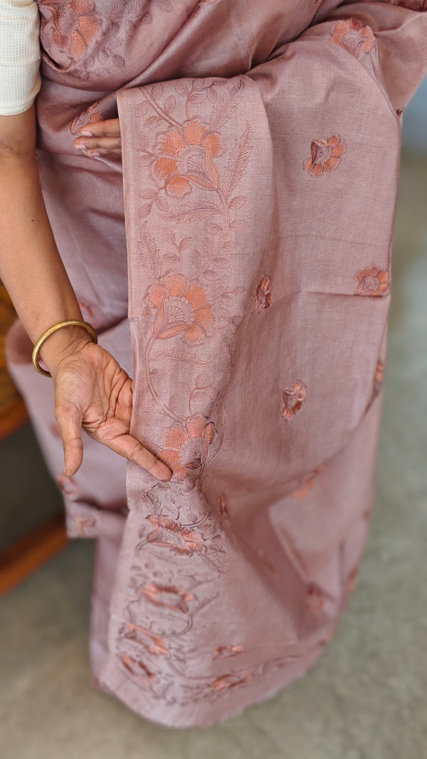 Nude pink embroidered tussar silk saree - RE398