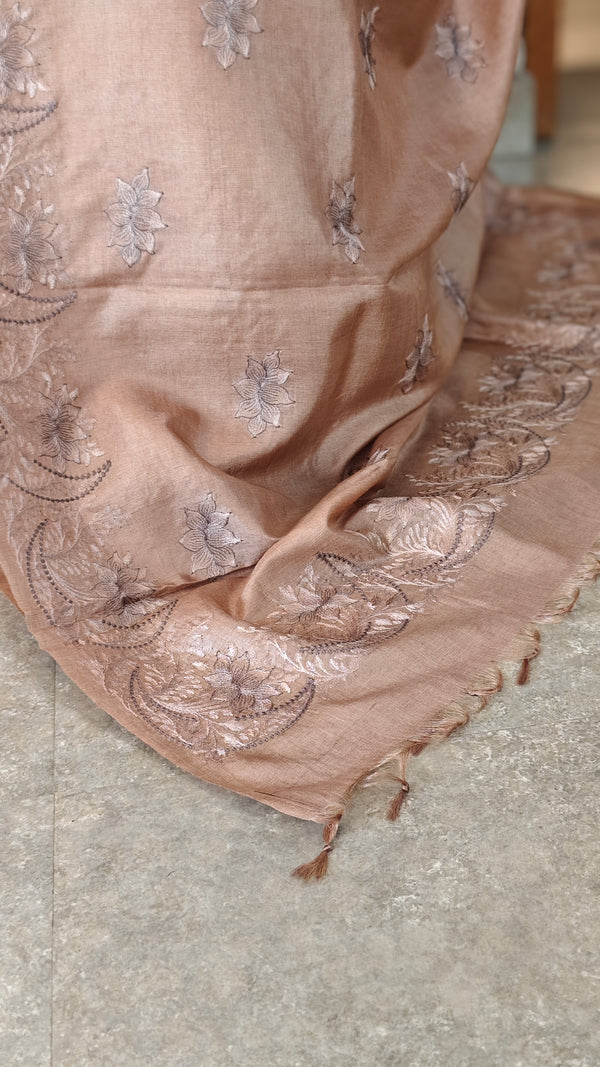 Beige embroidered tussar silk saree - RE398