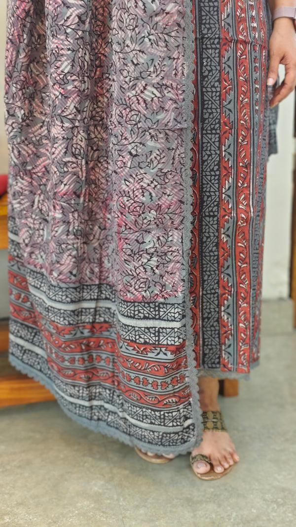 Red and grey block printed cotton suit