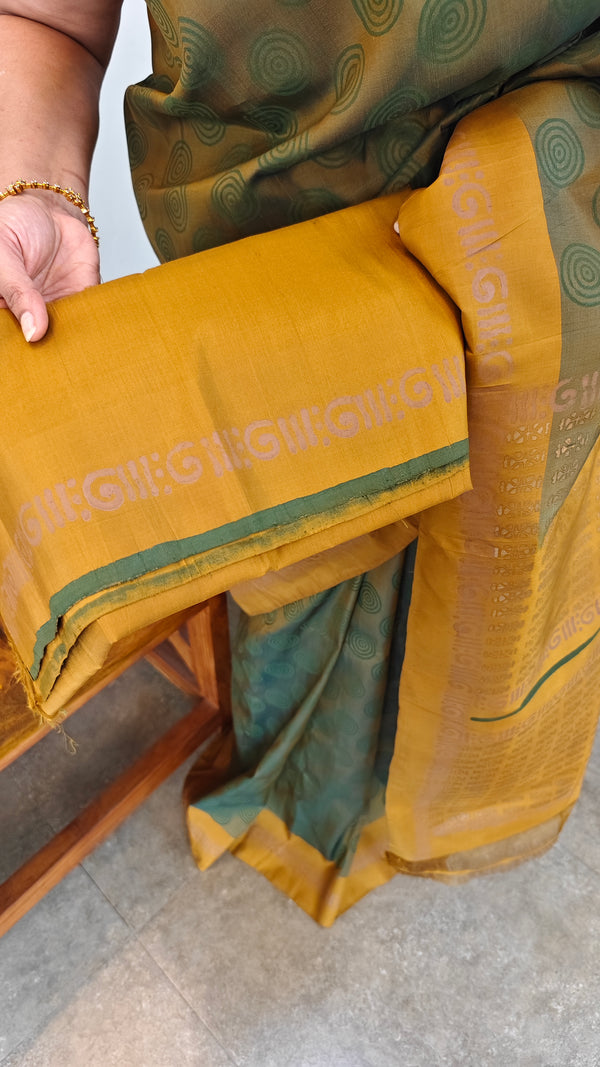 Moss green and mustard block printed kanchipuram saree