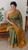 Moss green and mustard block printed kanchipuram saree