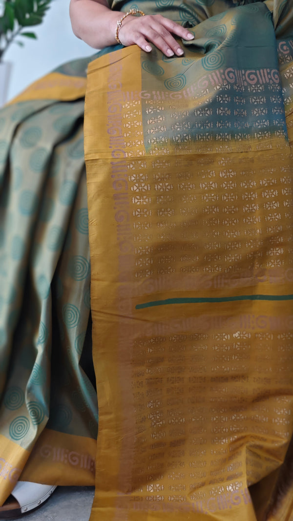 Moss green and mustard block printed kanchipuram saree