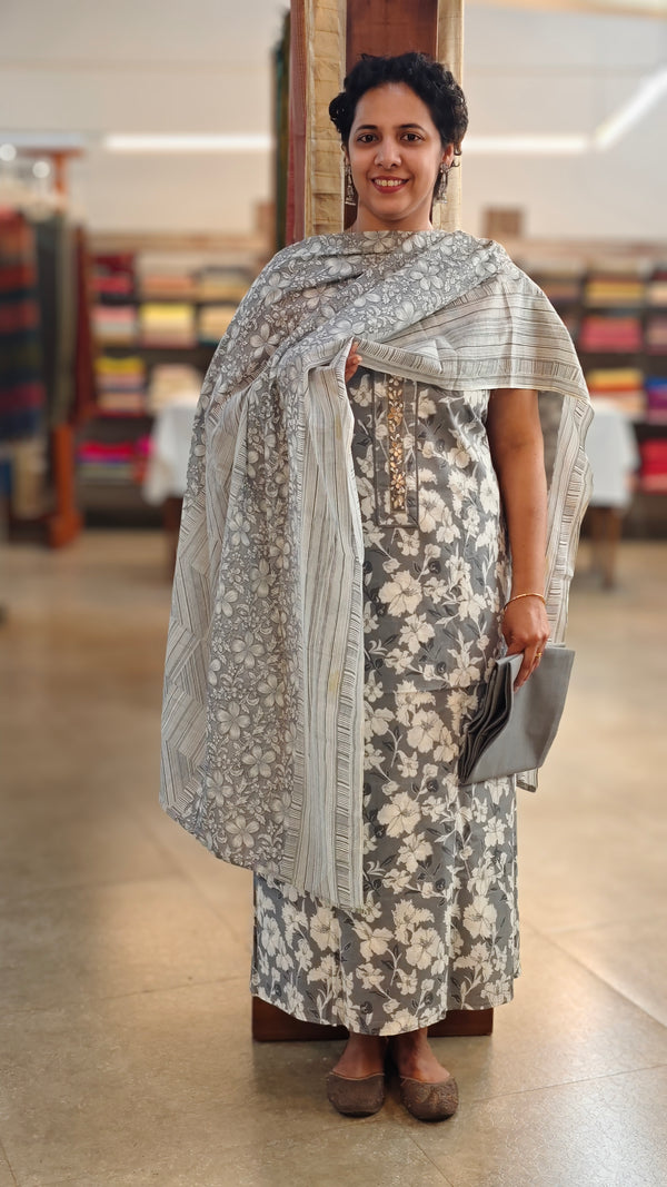 Grey printed cotton salwar suit