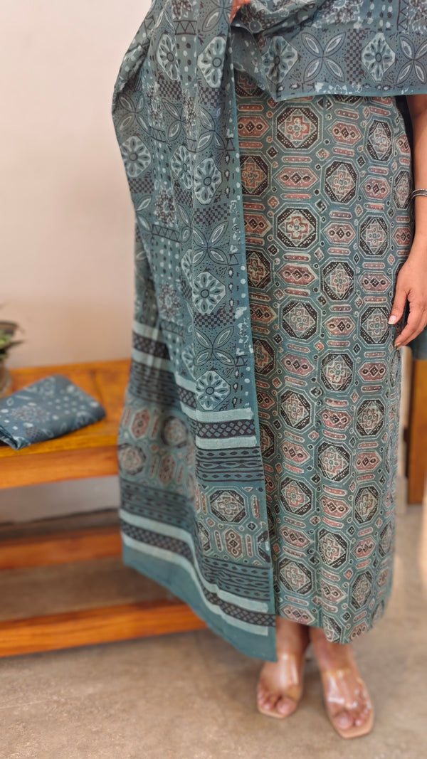 Teal and green ajrakh printed cotton suit - 86GTR