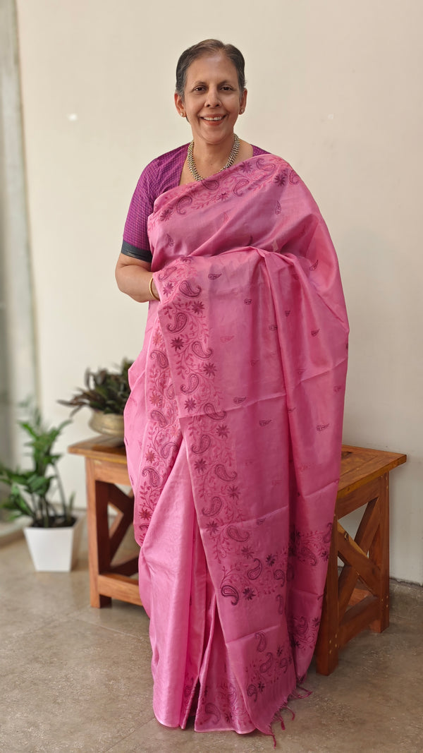 Candy pink lined noil tussar silk saree
