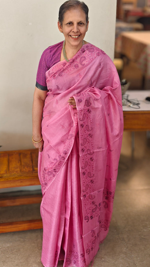 Candy pink lined noil tussar silk saree