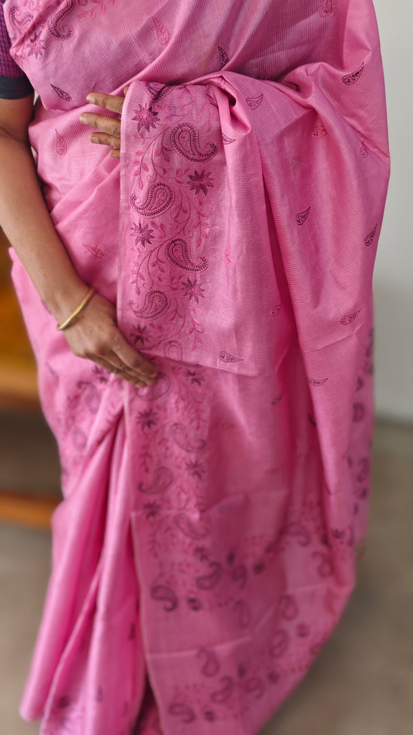 Candy pink lined noil tussar silk saree