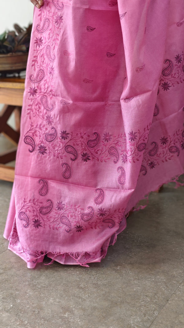 Candy pink lined noil tussar silk saree