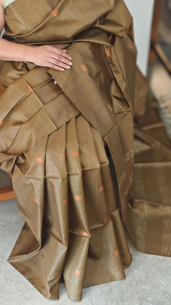 Olive green tussar silk saree -GPE37