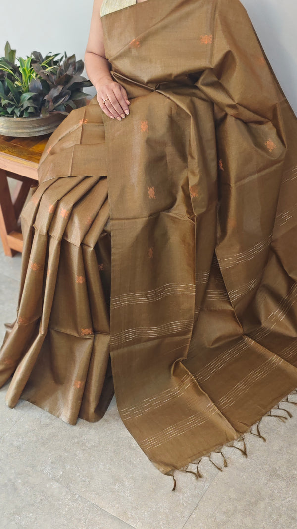 Olive green tussar silk saree -GPE37