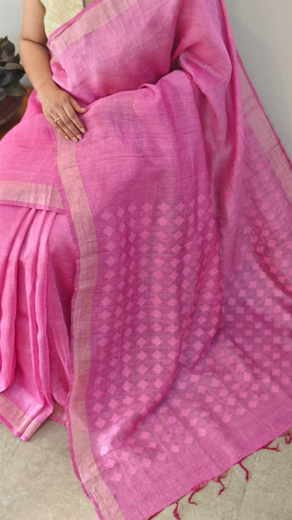 Pink pure linen silksaree