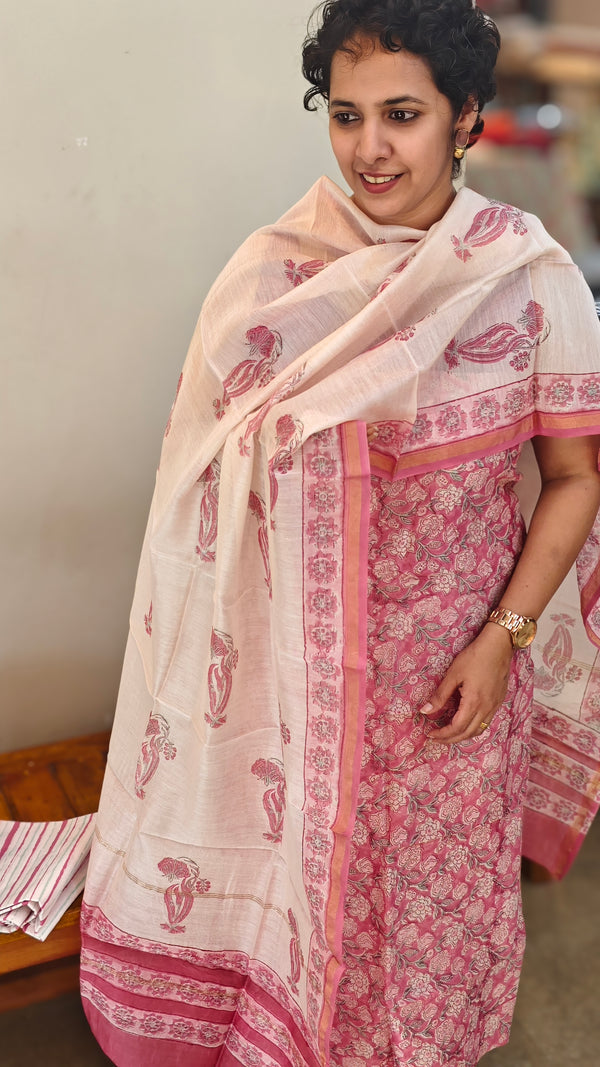 Pink block printed chanderi suit