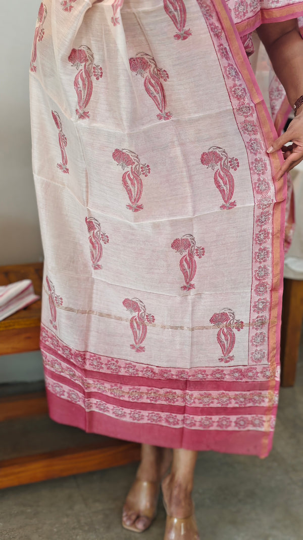 Pink block printed chanderi suit