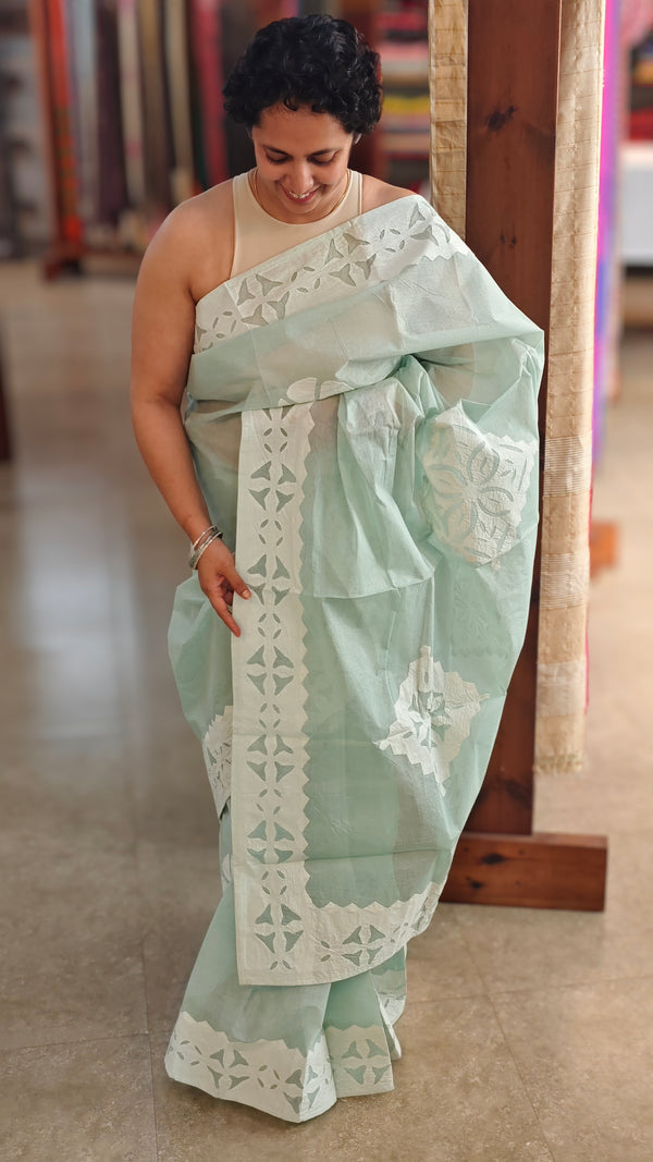 Teal green cotton applique on organdy saree