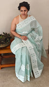 Teal green cotton applique on organdy saree