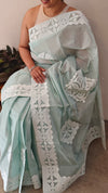 Teal green cotton applique on organdy saree