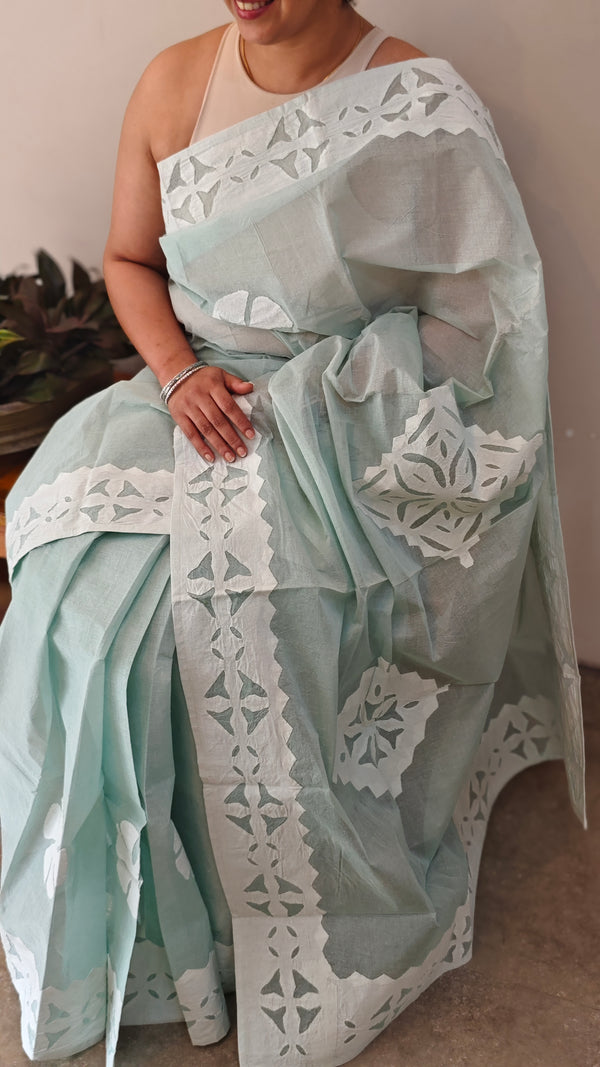 Teal green cotton applique on organdy saree