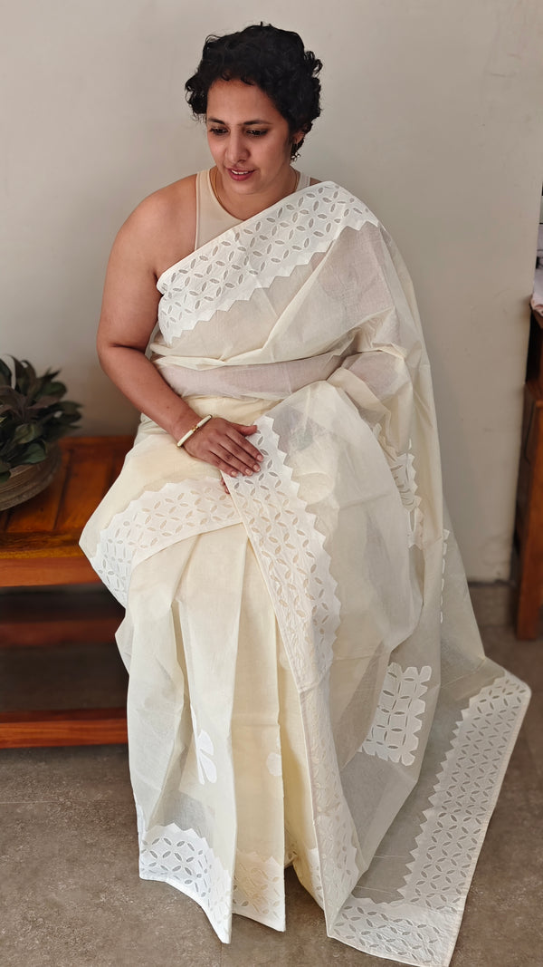 Cream shade - Cotton applique on organdy saree