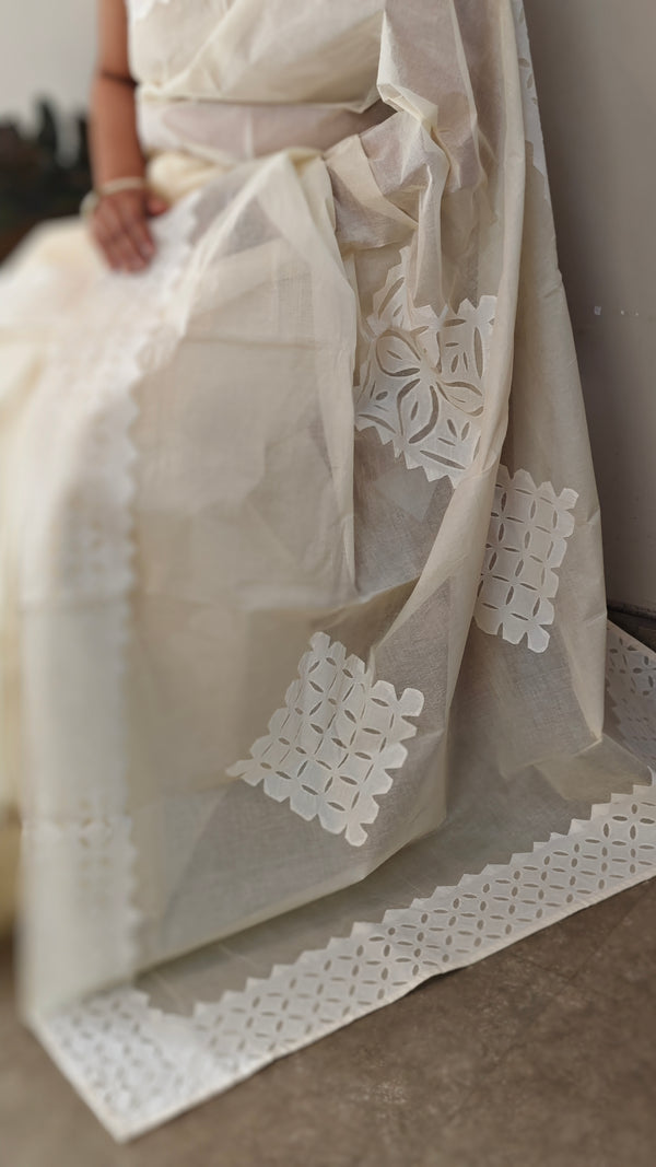 Cream shade - Cotton applique on organdy saree