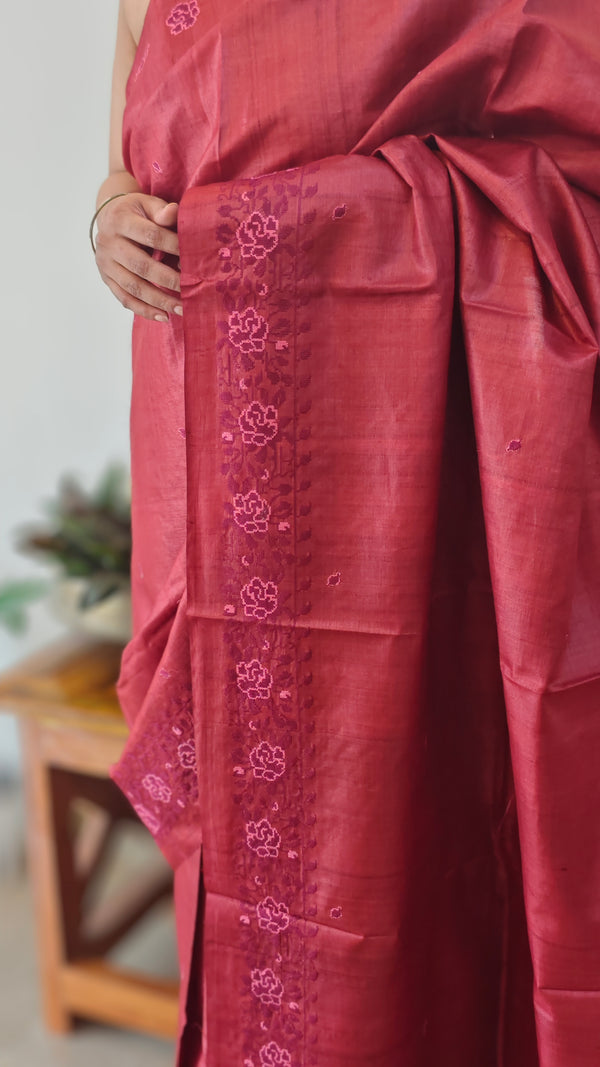 Maroon desi tussar silk saree with cross stitch embroidery - GY349