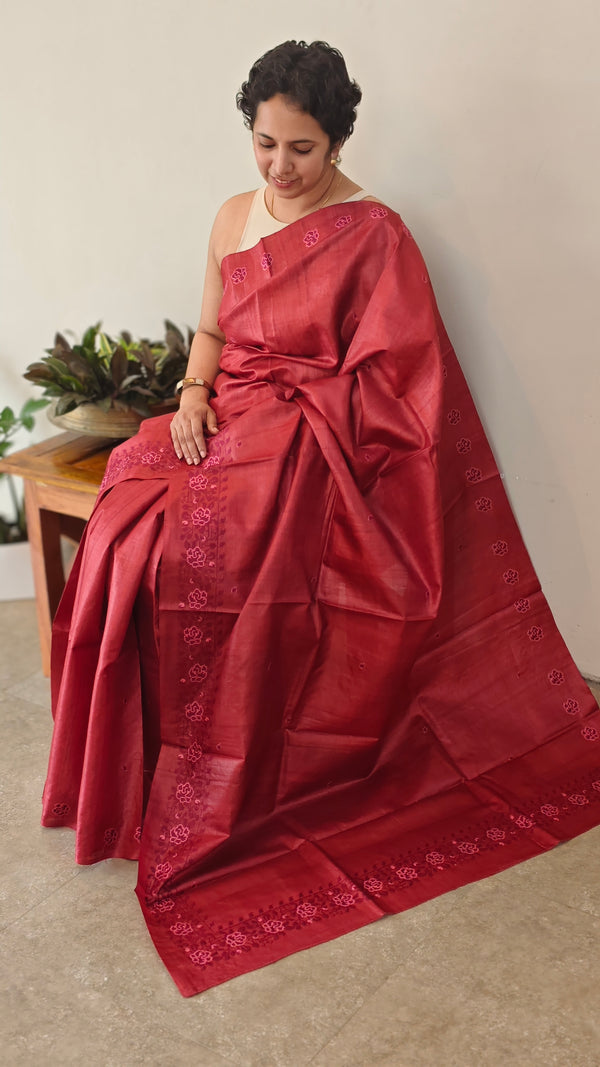 Maroon desi tussar silk saree with cross stitch embroidery - GY349