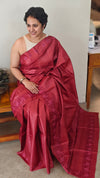 Maroon desi tussar silk saree with cross stitch embroidery - GY349