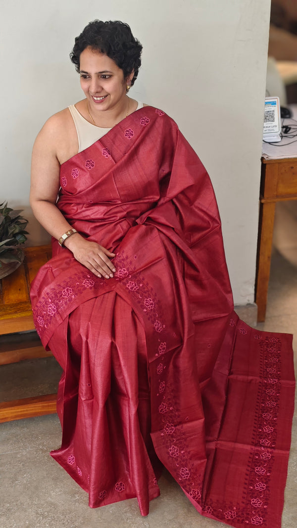 Maroon desi tussar silk saree with cross stitch embroidery - GY349