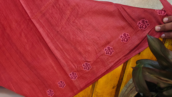 Maroon desi tussar silk saree with cross stitch embroidery - GY349
