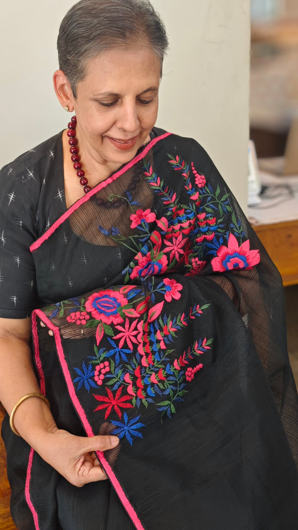 Black super net kota embroidered saree