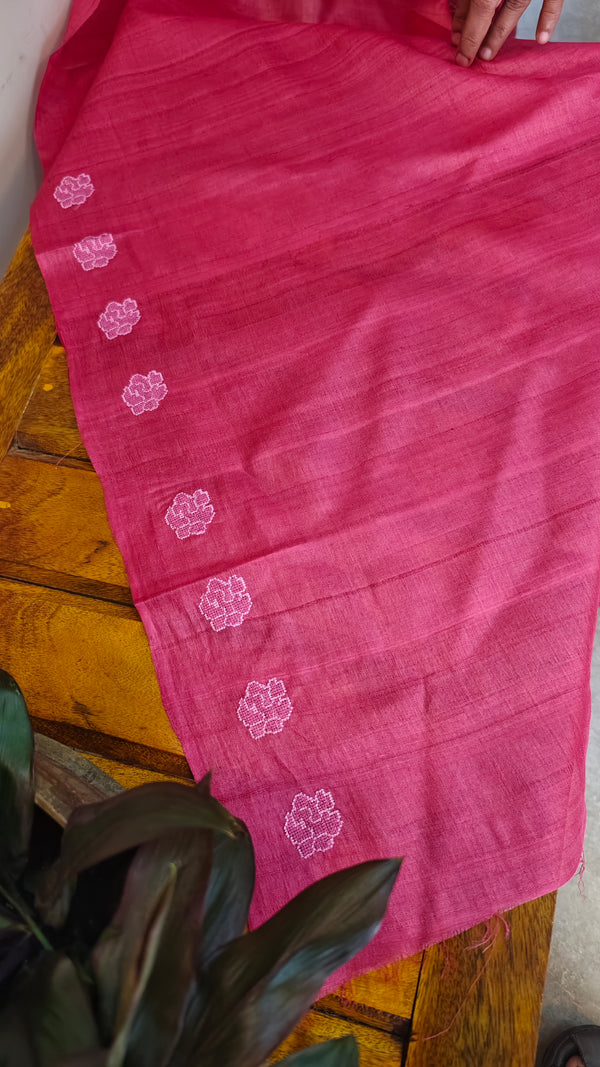 Pink desi tussar cross stitch embroidered saree - GY349