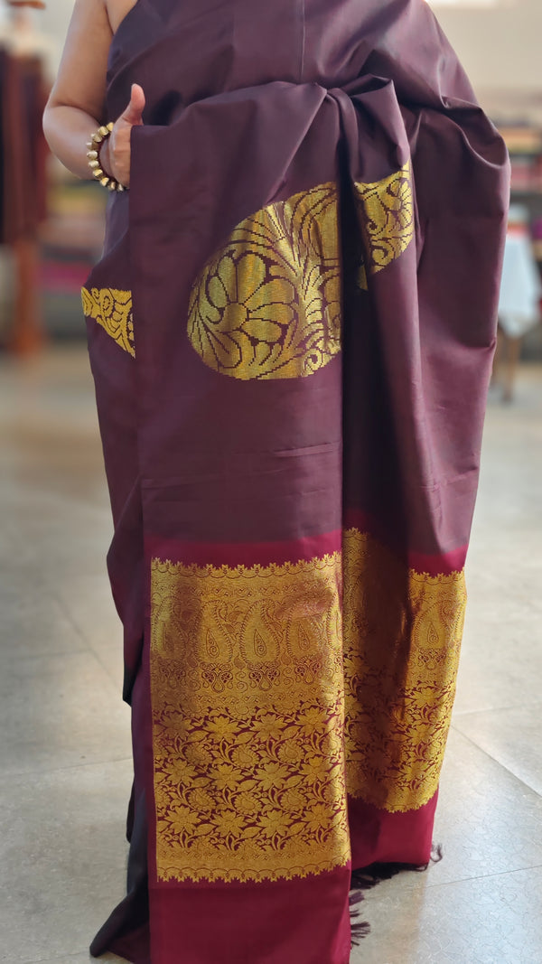 Maroon and brown kanchipuram saree