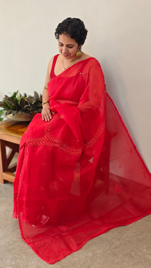 Crimson red kota saree with crochet