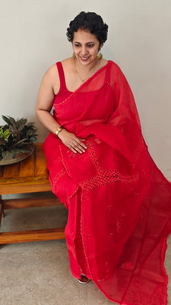 Crimson red kota saree with crochet