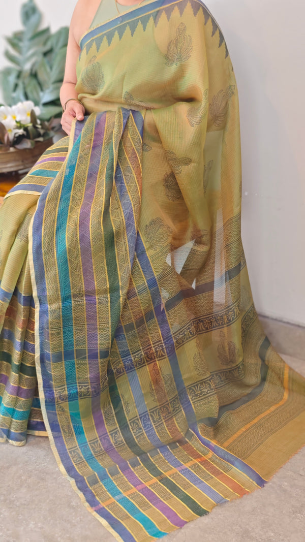 Olive green kota silk saree