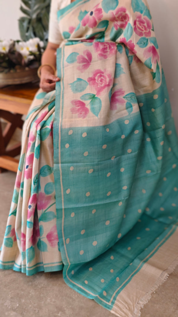 Cream floral painted desi tussar saree