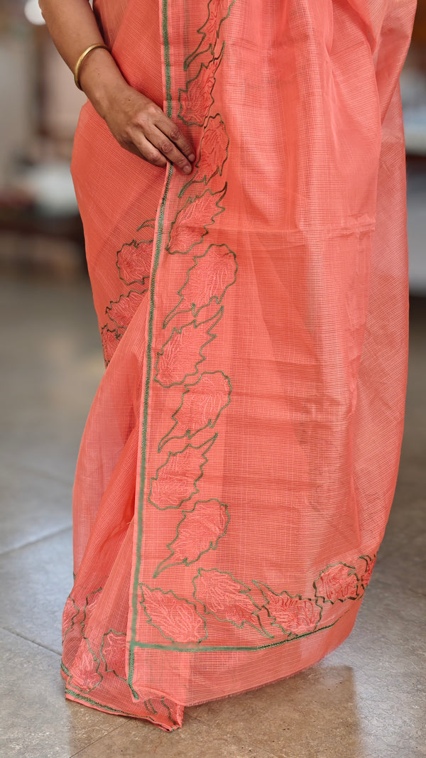 Peach Orange net kota saree