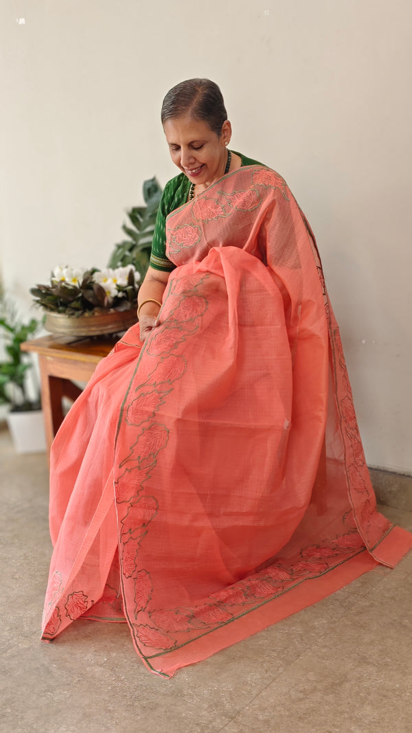 Peach Orange net kota saree