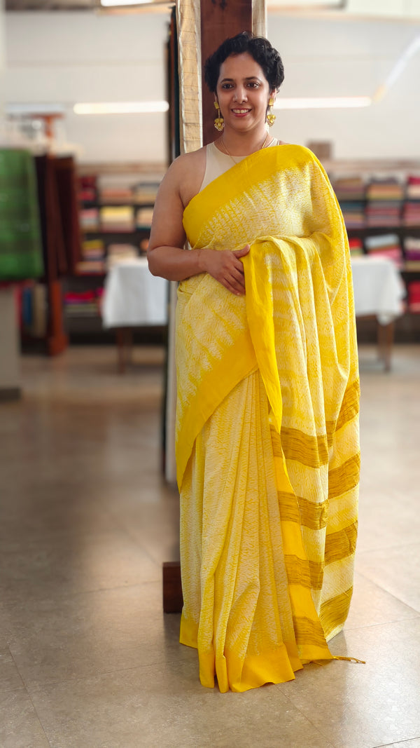Yellow shibori printed mal cotton saree