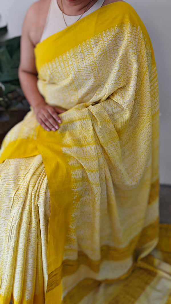 Yellow shibori printed mal cotton saree