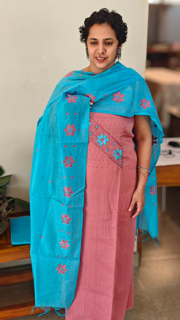 Peach and sky blue semi silk suit