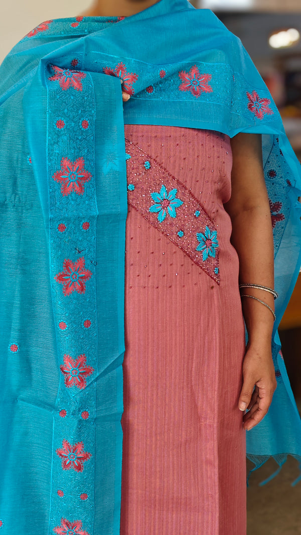 Peach and sky blue semi silk suit