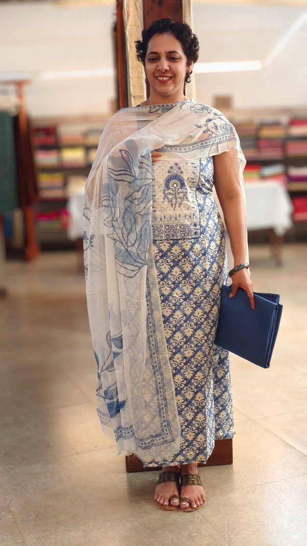 Blue and white printed cotton salwar suit