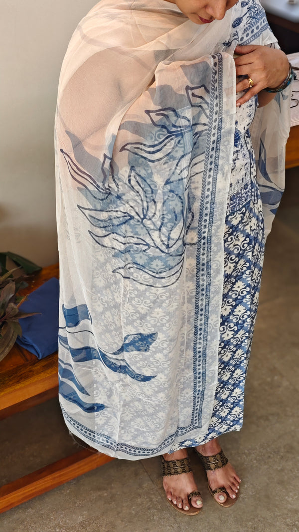Blue and white printed cotton salwar suit