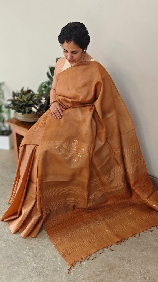 Saddle brown tussar silk saree
