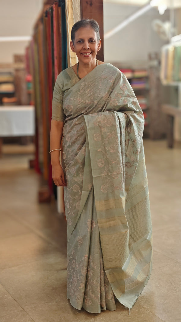 H149 - Teal embroidered tussar silk saree