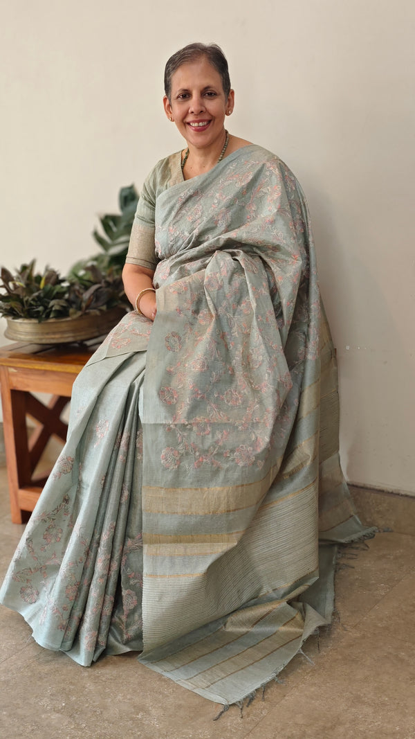 H149 - Teal embroidered tussar silk saree